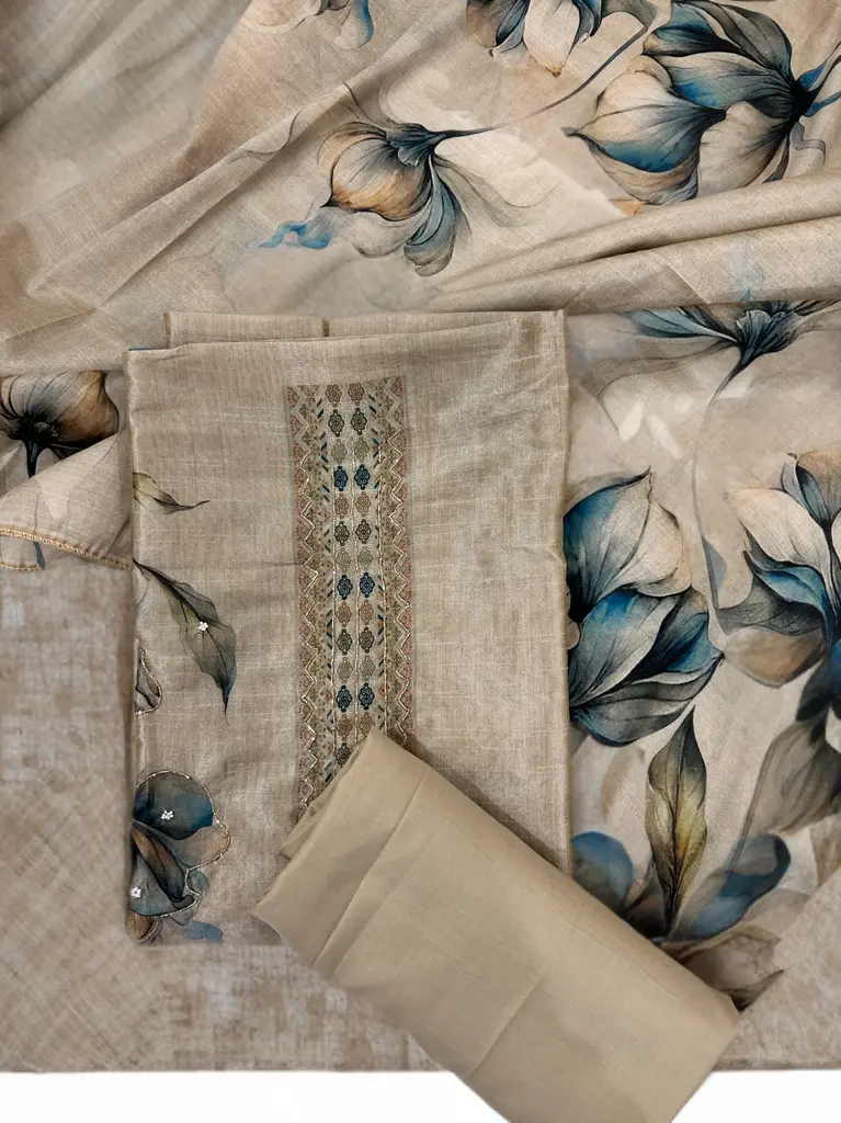 Cream Royal Charm Printed Cotton Silk With Dupatta Suit