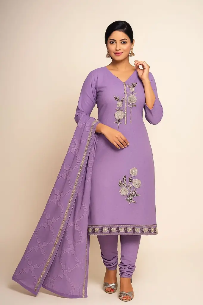 Lavender Floral Embroidered Suit With Dupatta