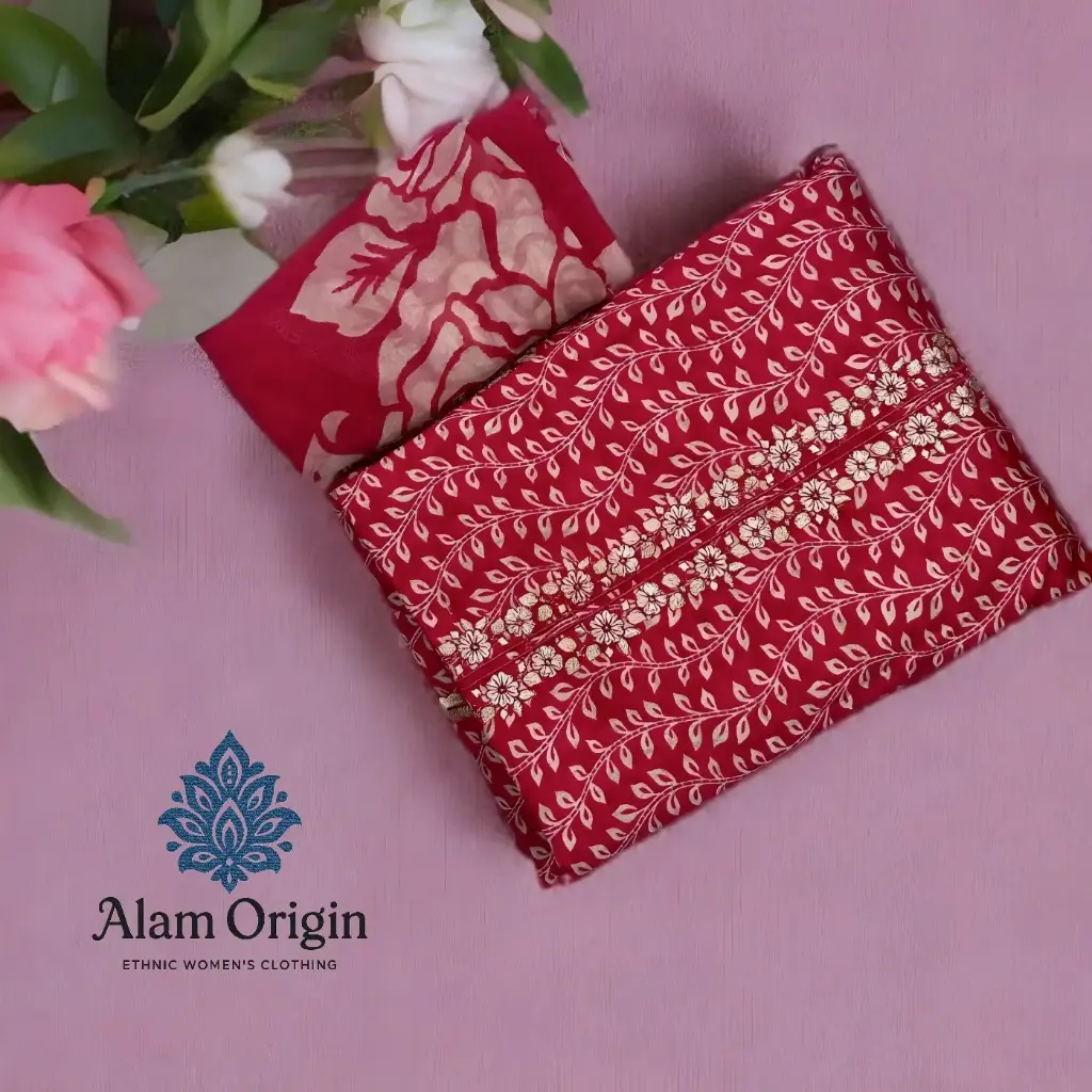 Crimson Red Velvet Suit Set with Embroidery | Festival Special Outfit