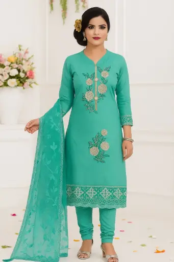 [EACOTMU05] Soft Green Cotton Casual With Dupatta