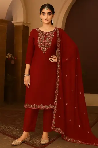 [EACOTMU14] Sunheri Adda – Royal Maroon Silk Designer Suit with Dupatta
