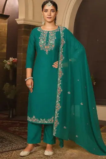 [EACOTMU17] Sunheri Adda – Elegant Teal Cotton Silk Designer Suit with Dupatta