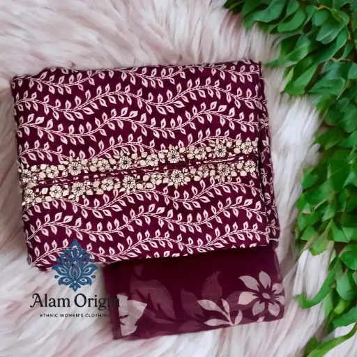 [EACOTMU33] Maroon-Burgundy Velvet Suit Set with Embroidery | Festival Celebration Outfit