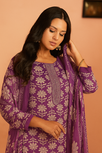 Royal Charm Purple Printed Cotton Silk Dupatta Suit